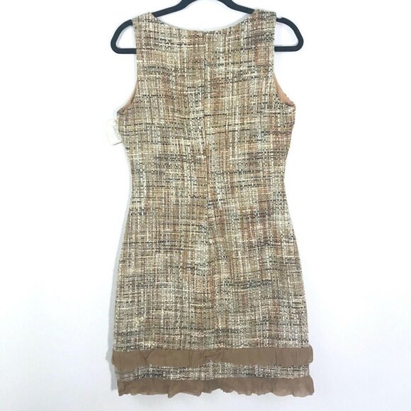 ABS By Allen Schwartz Dress Women 8 Tan Tweed Sleeveless with Ruffle Trim - Picture 3 of 7